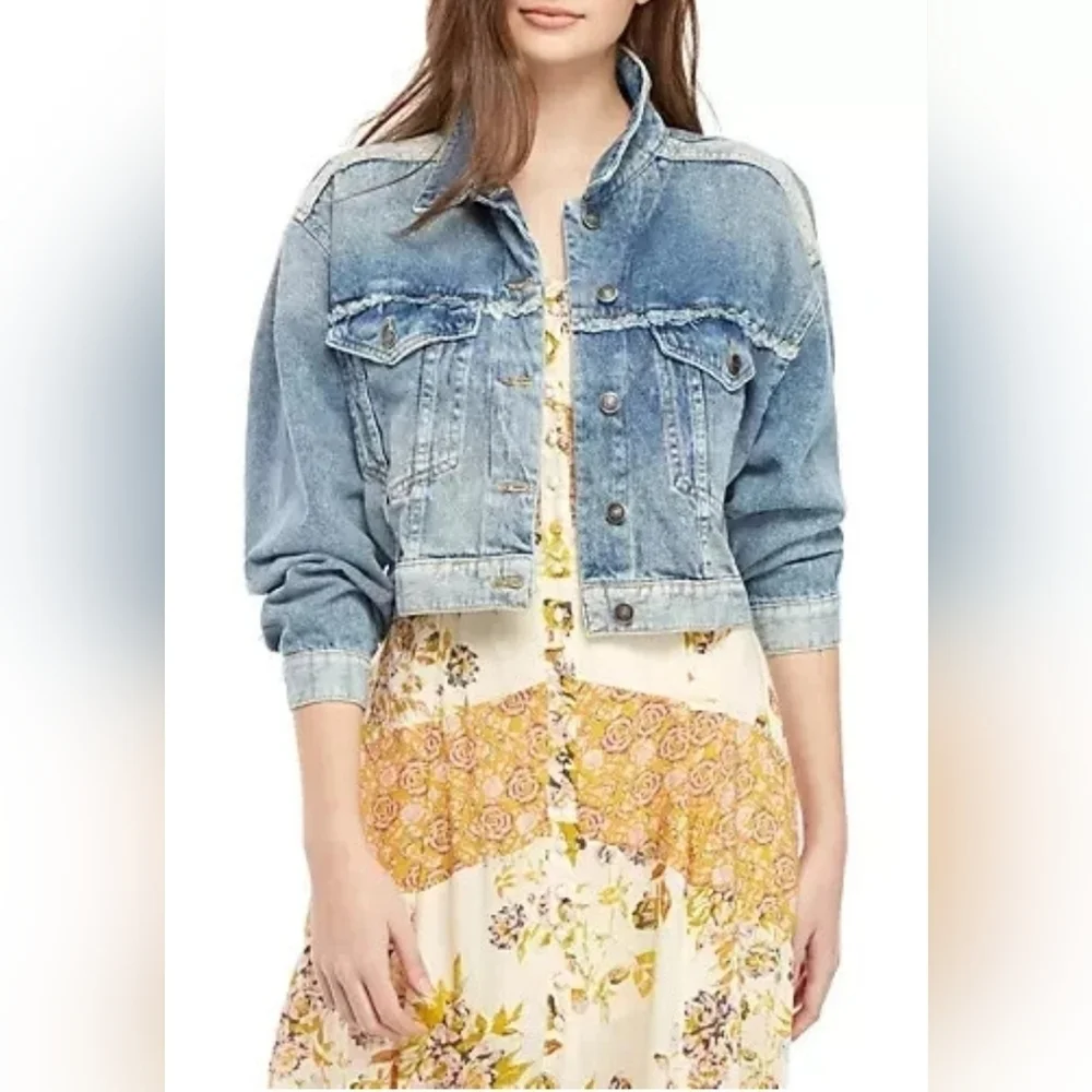 Free People Bedford Blue Denim Cropped Jean Jacket Women size S - Picture 1 of 15